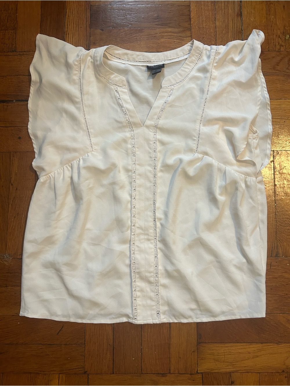 Cyrillus White Lace-Trim Flutter Sleeve Blouse